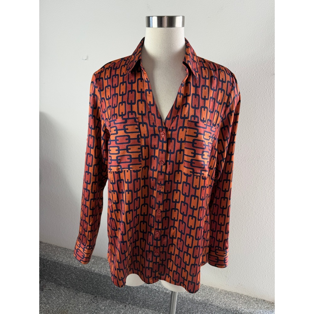 Express Portofino Womens Large Slim Fit Shirt Orange Navy Geometric Chain Print